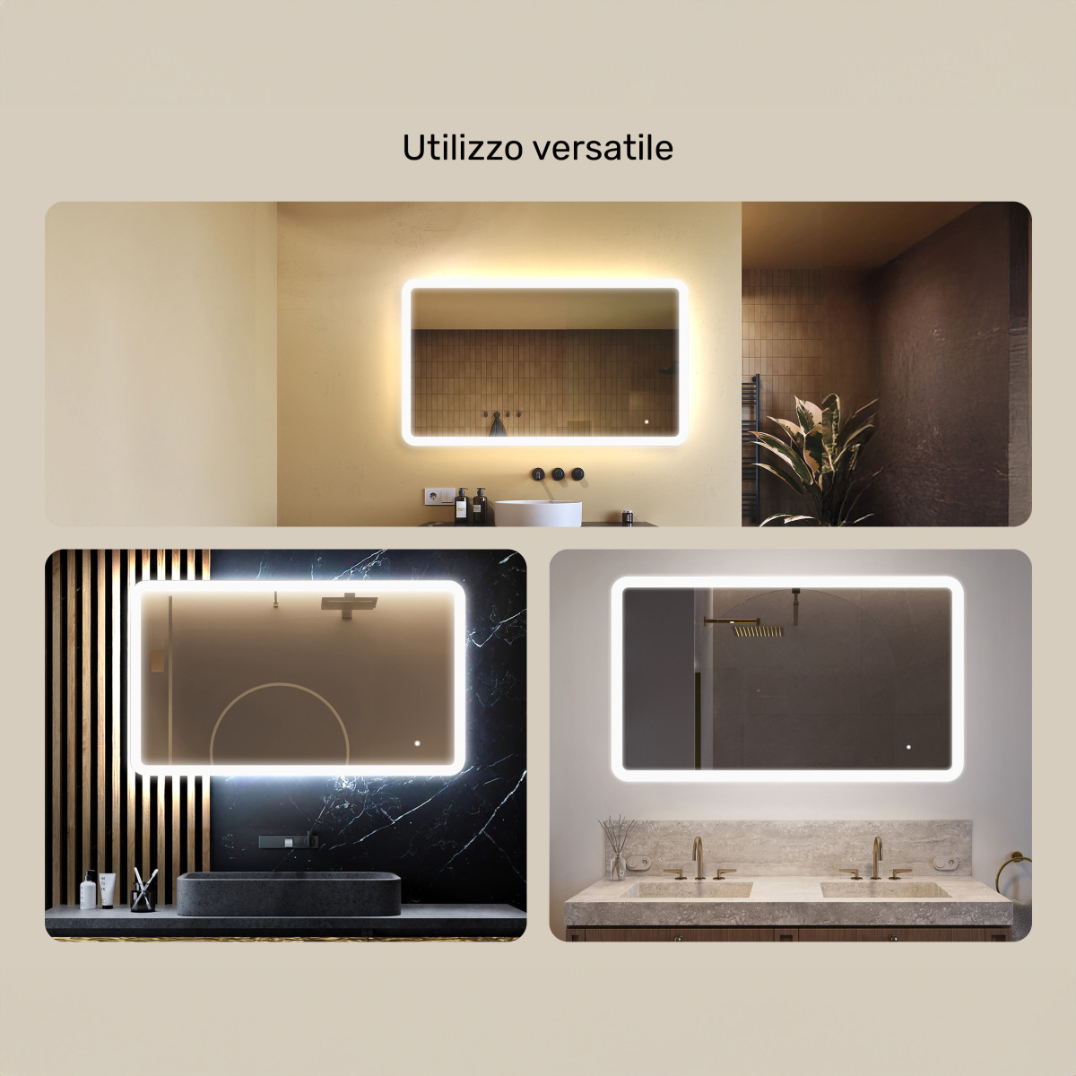 Specchio da bagno arrotondato con illuminazione a LED, 120x70 cm, bicolore, interruttore tattile