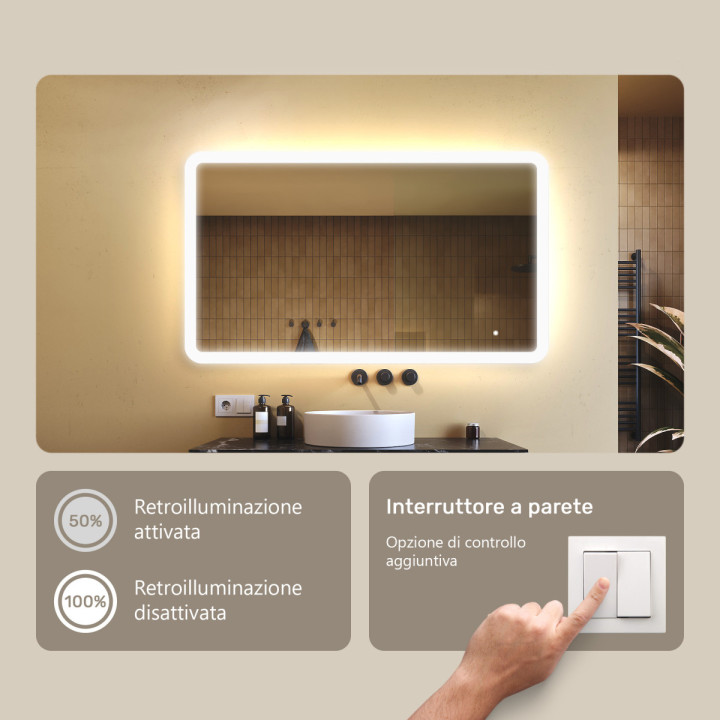 Specchio da bagno arrotondato con illuminazione a LED, 120x70 cm, bicolore, interruttore tattile