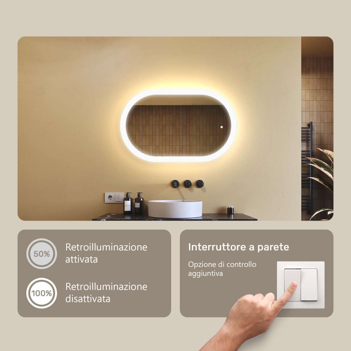 Specchio da bagno illuminato, 80x50 cm, bicolore, interruttore a sfioramento