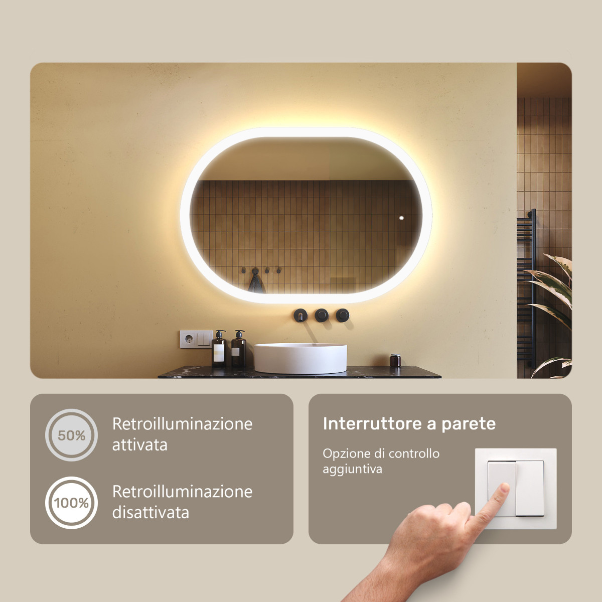 Specchio da bagno illuminato, 100x70 cm, bicolore, interruttore tattile