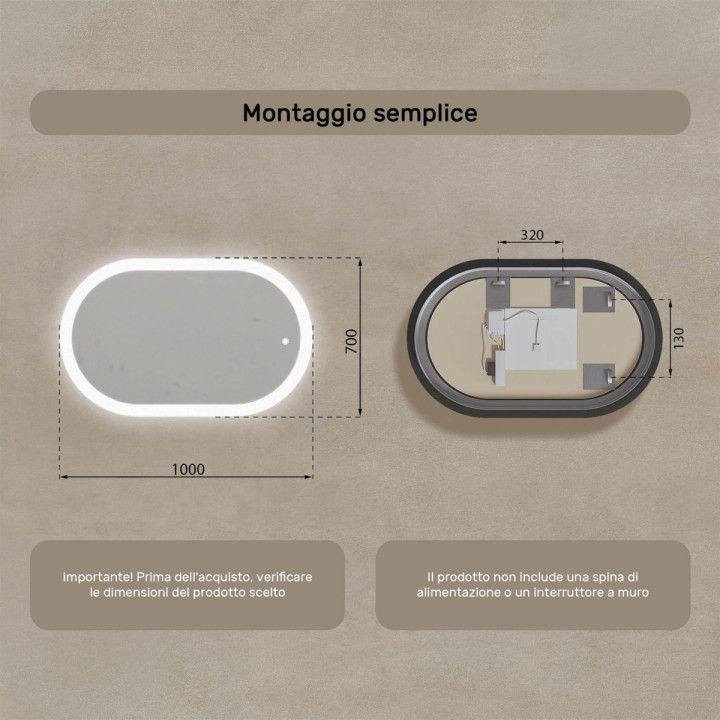 Specchio da bagno illuminato, 100x70 cm, bicolore, interruttore tattile