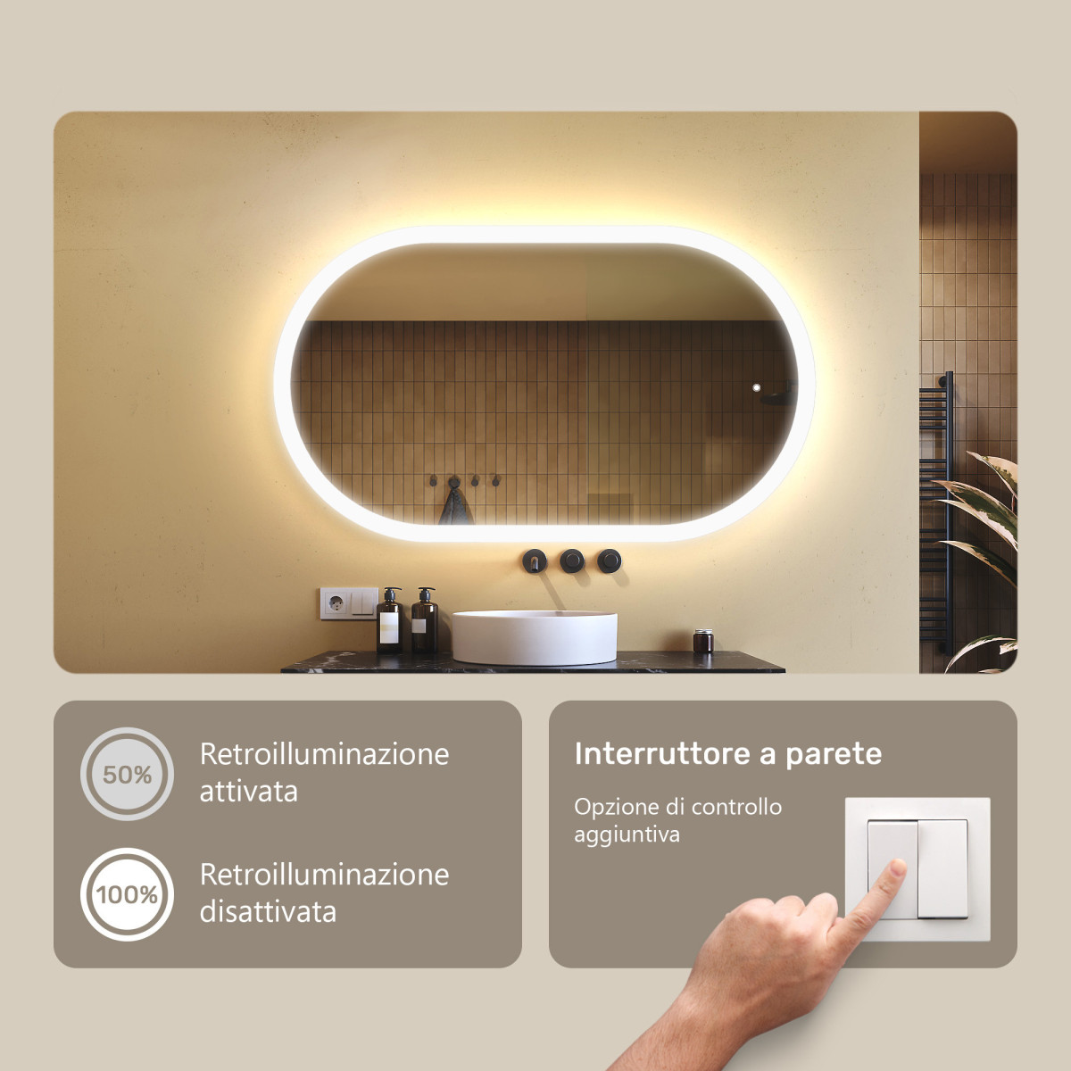 Specchio da bagno illuminato, 120x70 cm, bicolore, interruttore a sfioramento