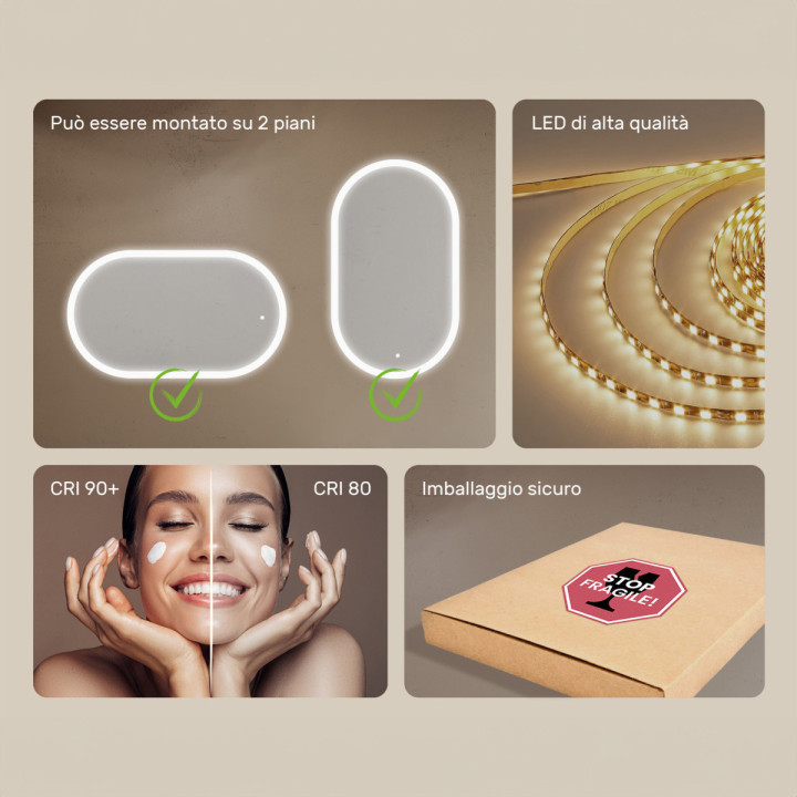 Specchio da bagno illuminato, 120x70 cm, bicolore, interruttore a sfioramento