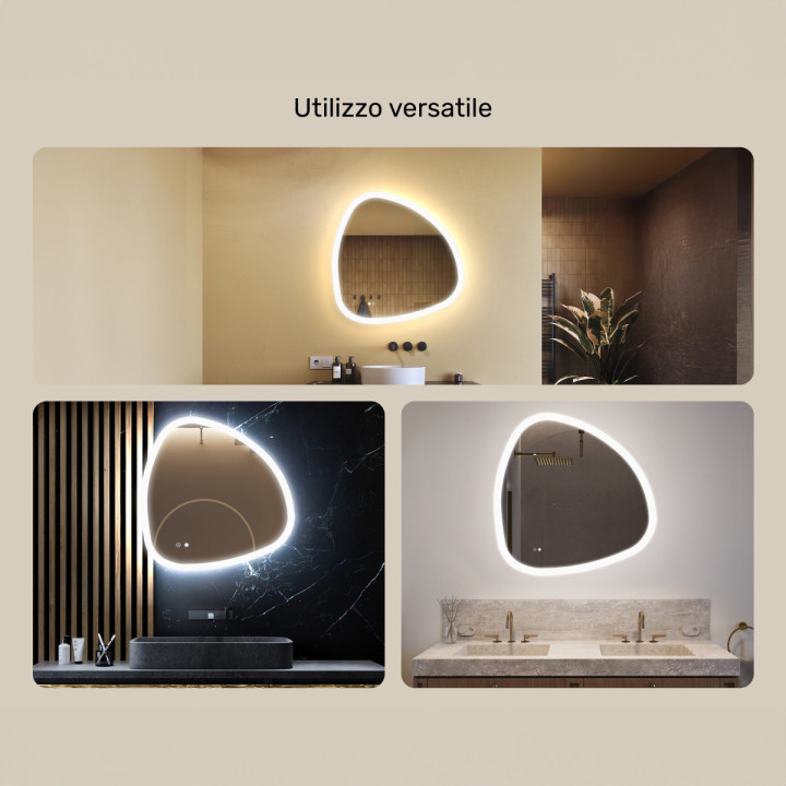 Specchio irregolare illuminato, 84x84 cm, bicolore, interruttore a sfioramento, tappeto riscaldante