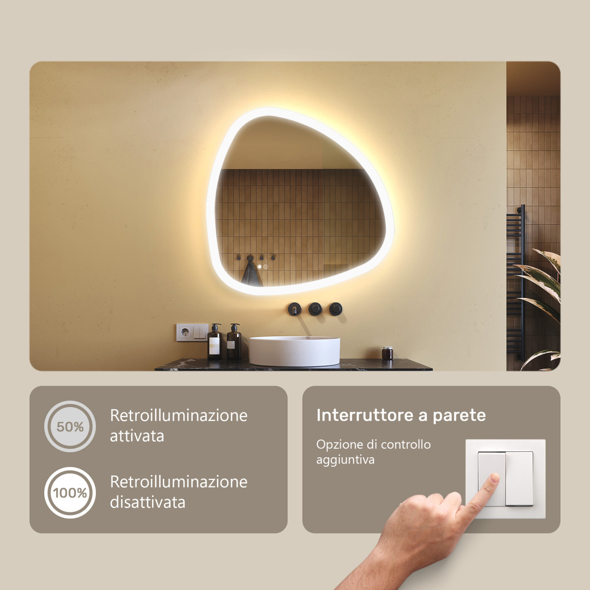 Specchio irregolare illuminato, 84x84 cm, bicolore, interruttore a sfioramento, tappeto riscaldante
