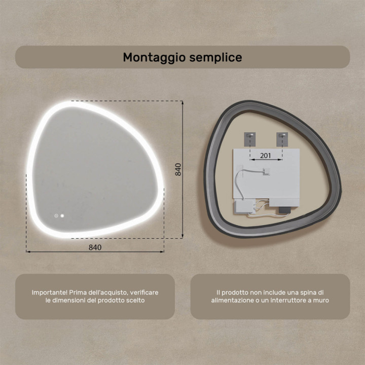 Specchio irregolare illuminato, 84x84 cm, bicolore, interruttore a sfioramento, tappeto riscaldante