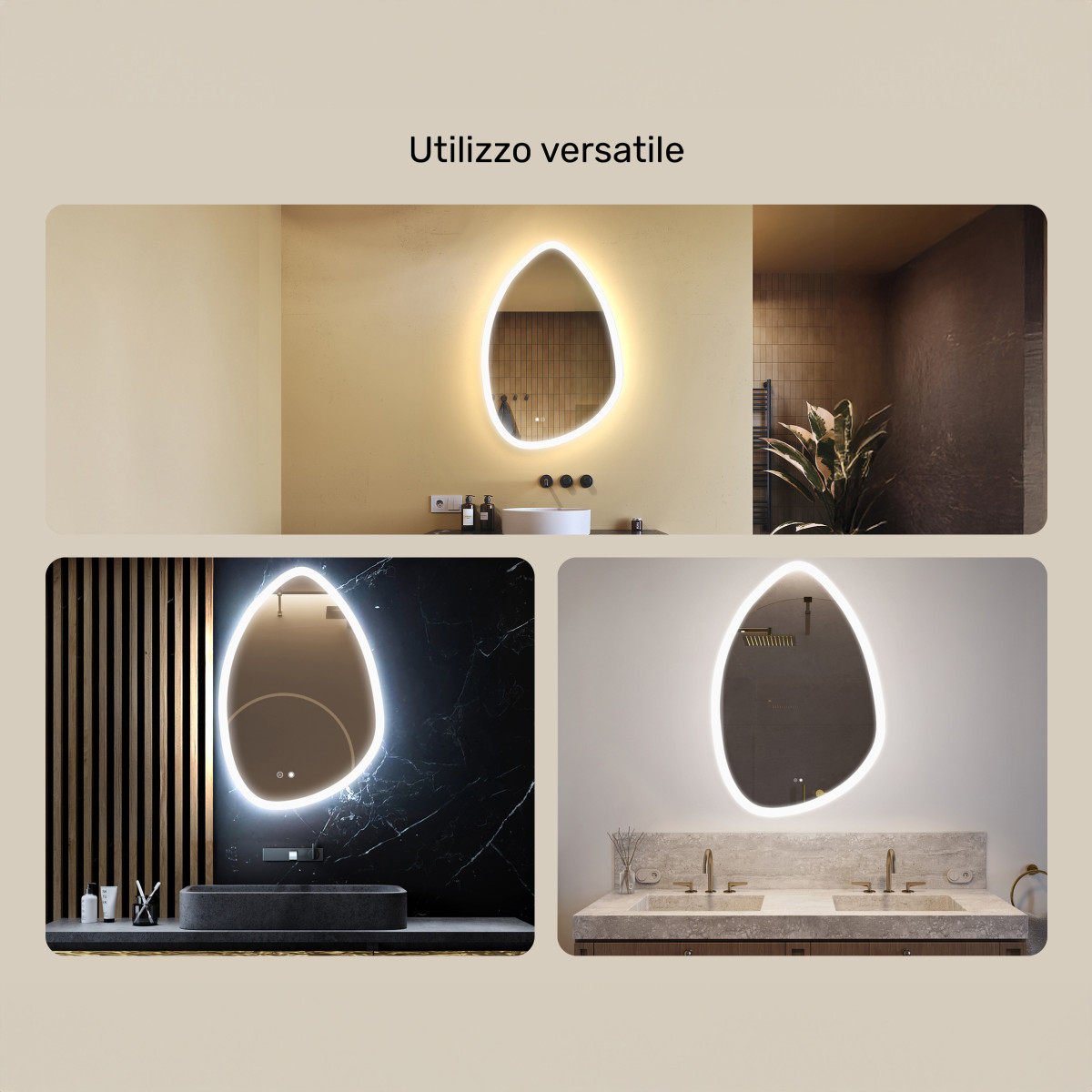 Specchio irregolare con illuminazione, 64x94 cm, bicolore, interruttore a sfioramento, tappetino riscaldante