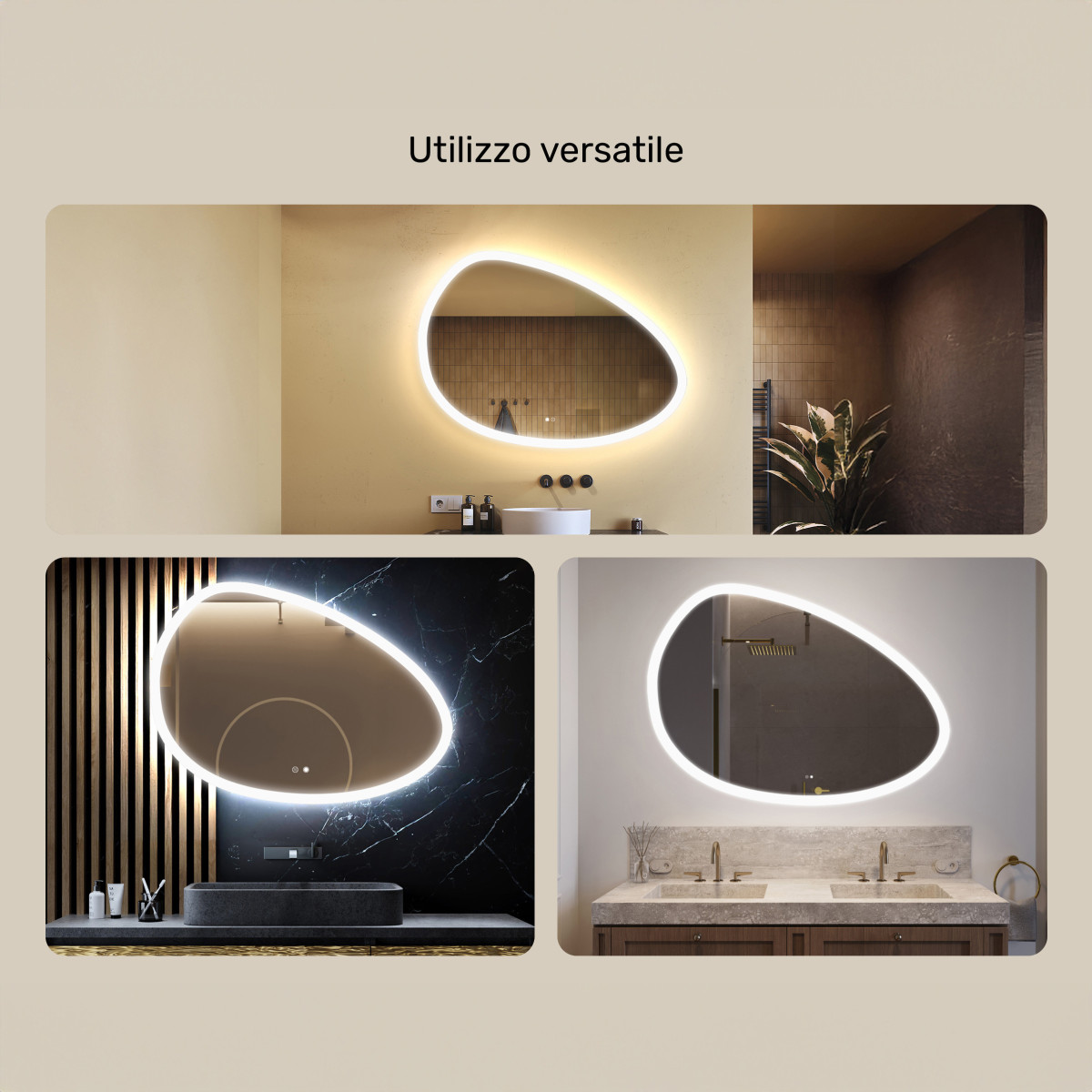 Specchio irregolare con illuminazione, 114x84 cm, bicolore, interruttore tattile, tappetino riscaldante