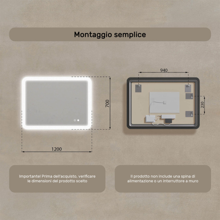 Specchio da bagno arrotondato con illuminazione a LED, 120x70 cm, bicolore, interruttore tattile, copertura riscaldante