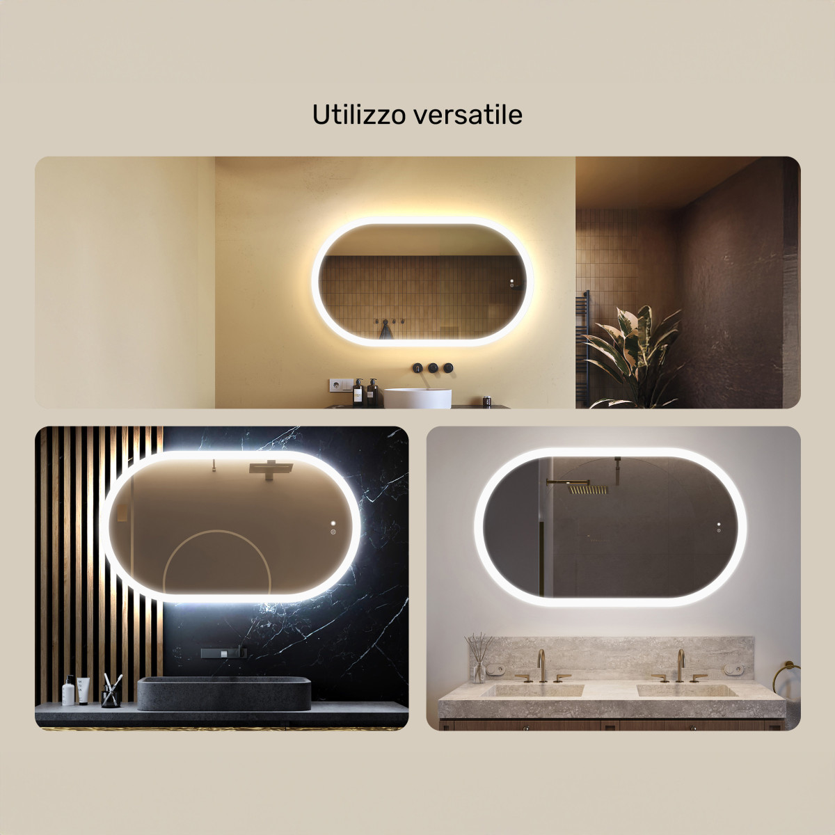 Specchio luminoso per bagno, 120x70 cm, bicolore, interruttore tattile, copertura riscaldante