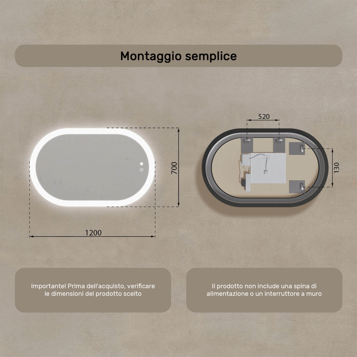 Specchio luminoso per bagno, 120x70 cm, bicolore, interruttore tattile, copertura riscaldante