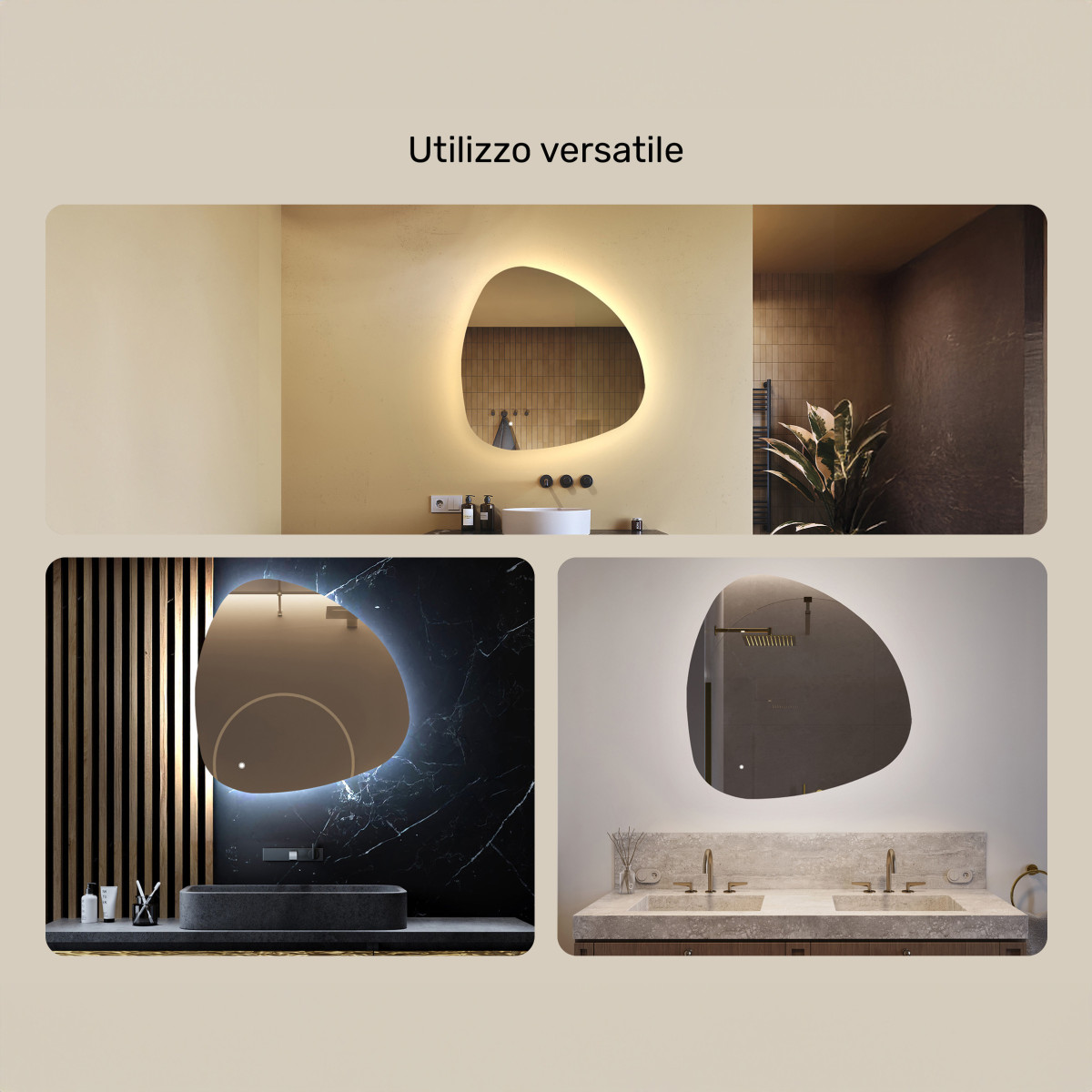 Specchio irregolare illuminato, 84x84 cm, bicolore, interruttore a sfioramento, copertura riscaldante