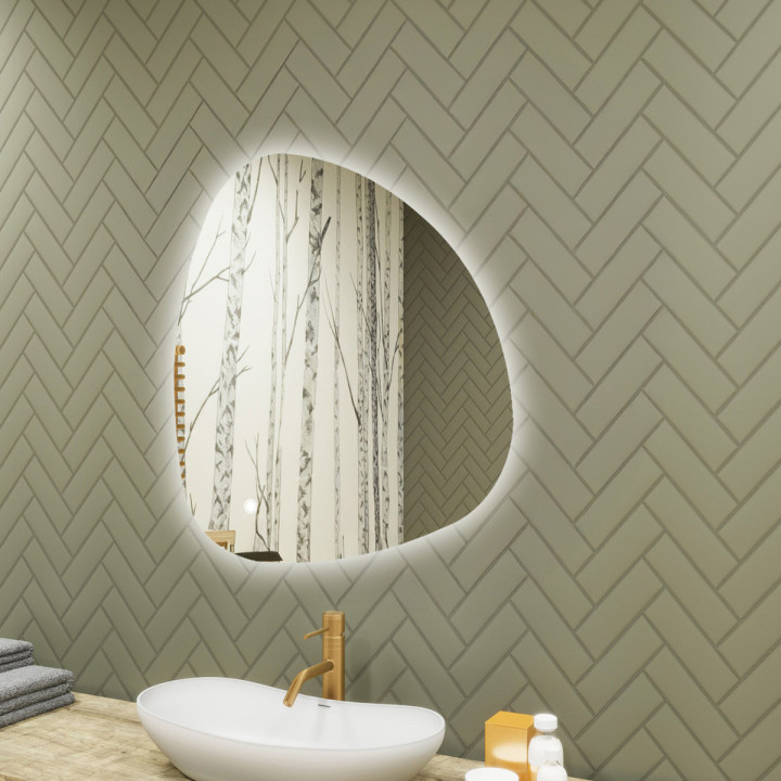 Specchio irregolare illuminato, 84x84 cm, bicolore, interruttore a sfioramento, copertura riscaldante