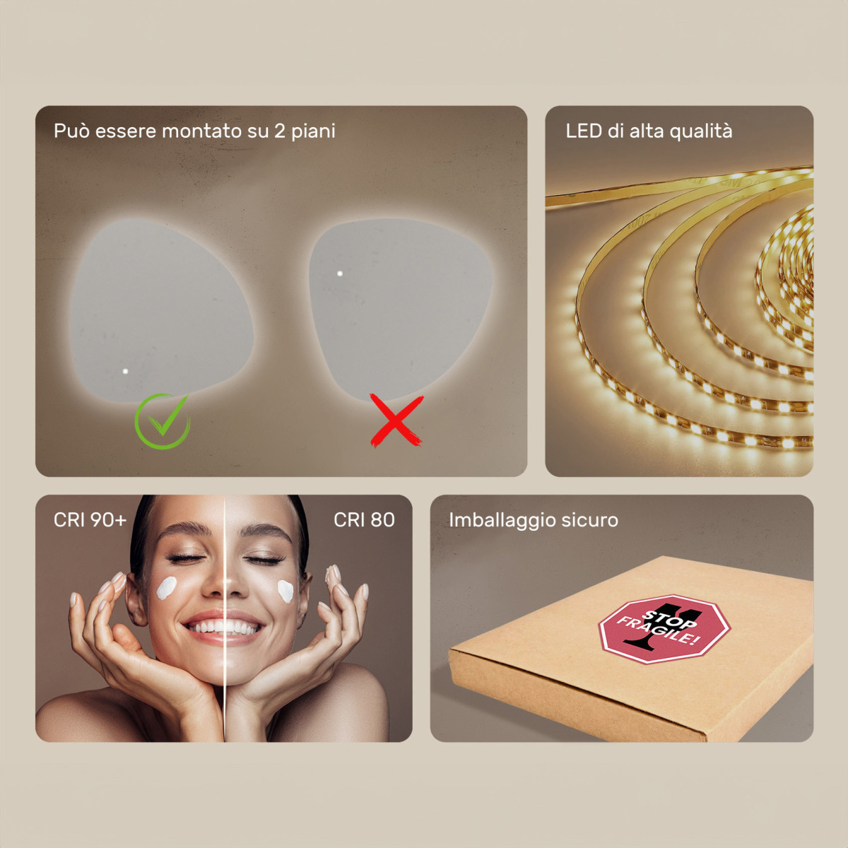 Specchio irregolare illuminato, 84x84 cm, bicolore, interruttore a sfioramento, copertura riscaldante