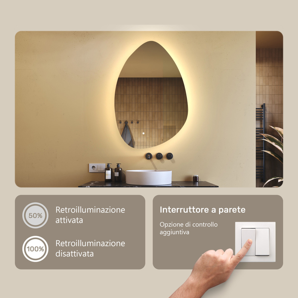 Specchio irregolare con illuminazione, 64x94 cm, bicolore, interruttore tattile