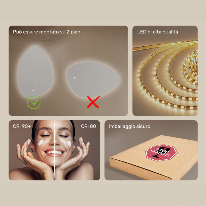 Specchio irregolare con illuminazione, 64x94 cm, bicolore, interruttore tattile