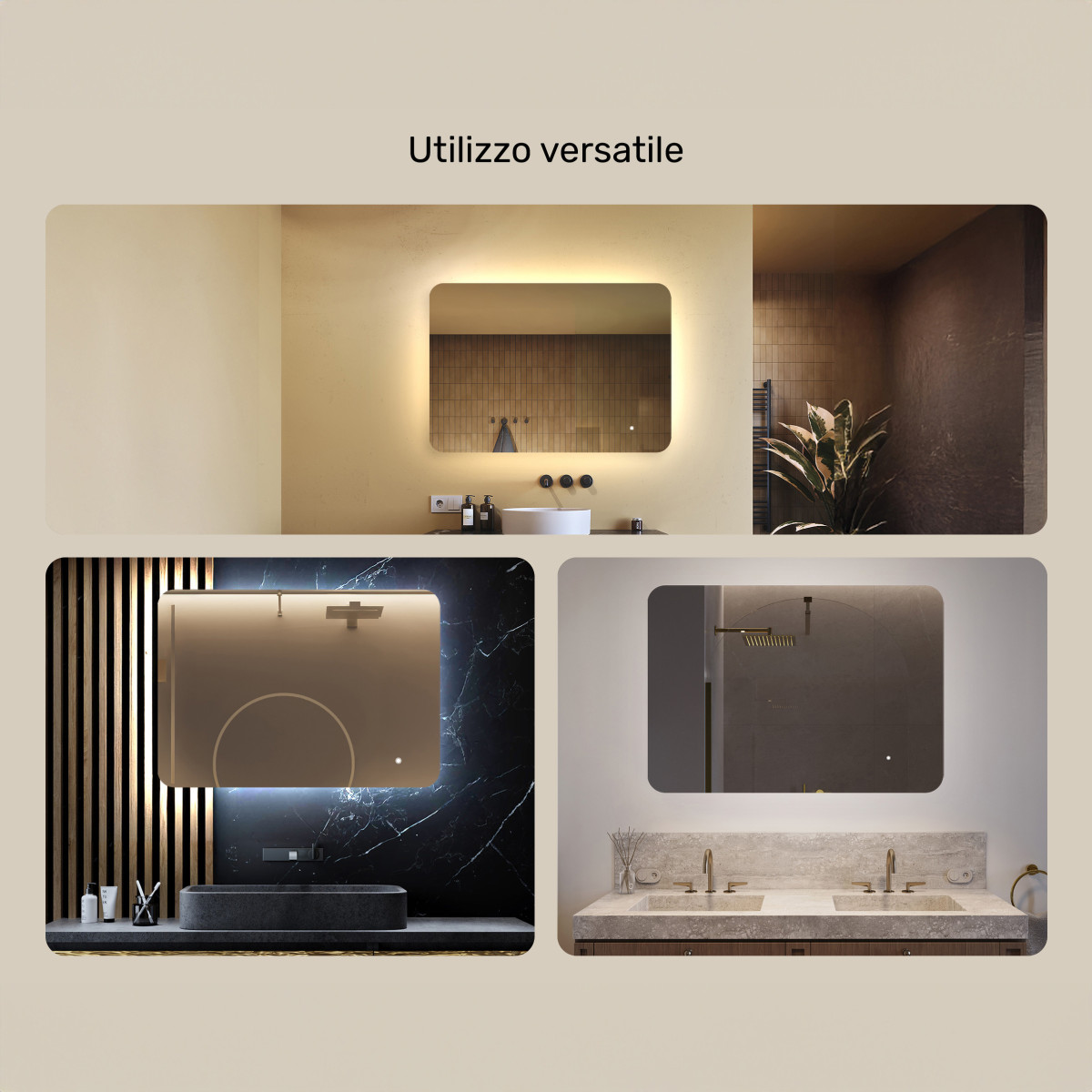 Specchio da bagno arrotondato con illuminazione a LED, 100x70 cm, bicolore, interruttore tattile