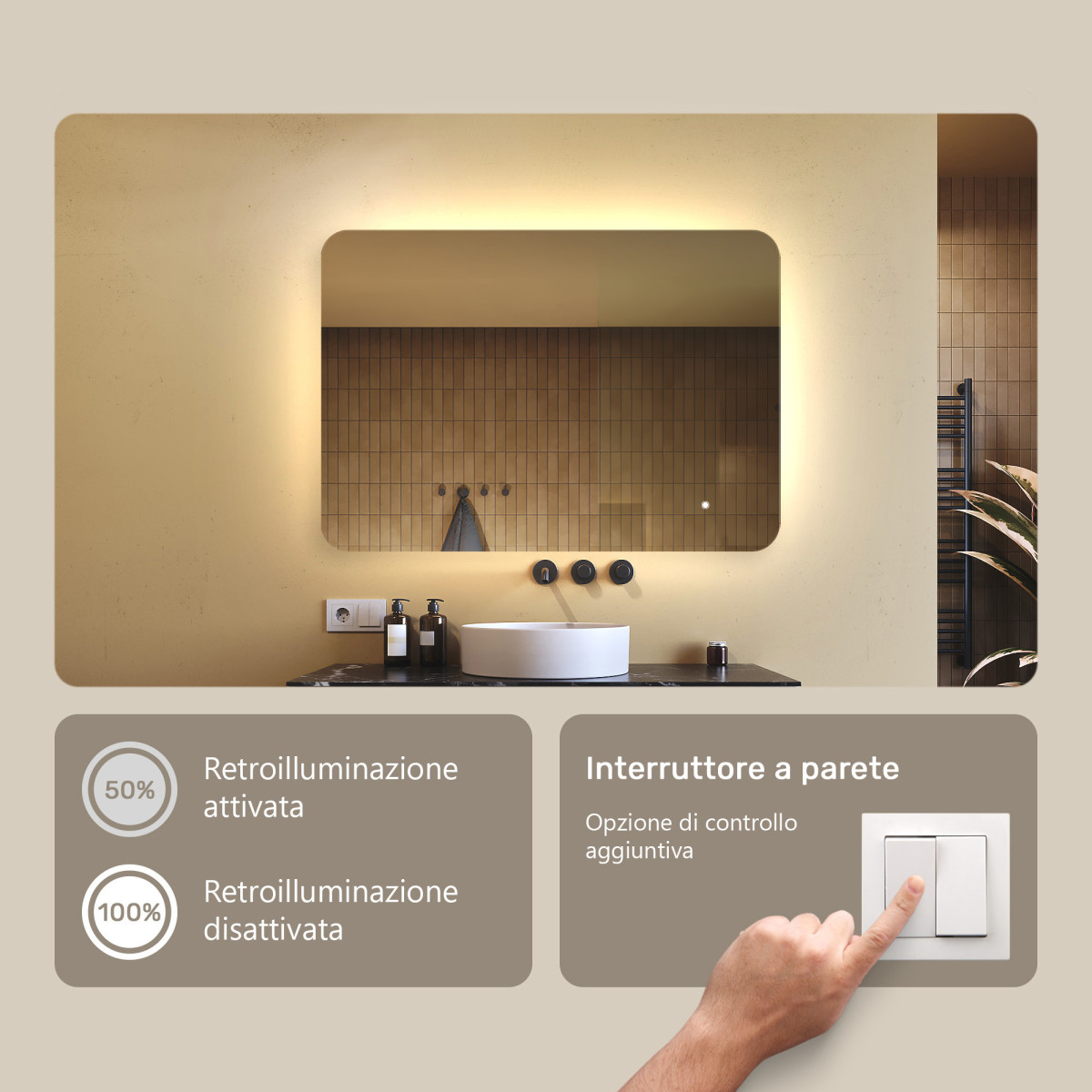 Specchio da bagno arrotondato con illuminazione a LED, 100x70 cm, bicolore, interruttore tattile