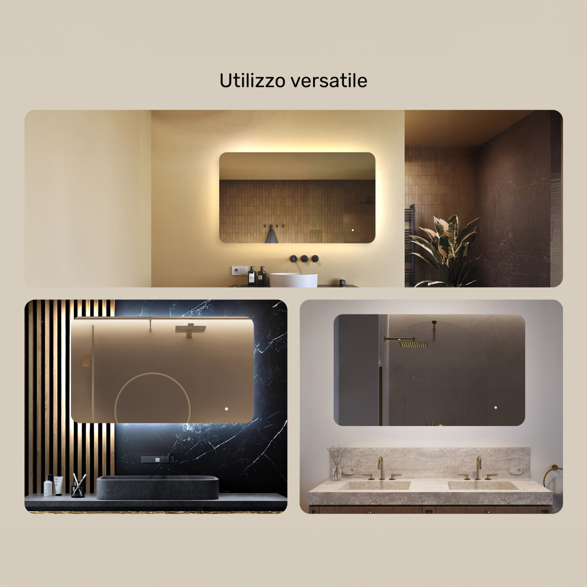 Specchio da bagno arrotondato con illuminazione a LED, 120x70 cm, bicolore, interruttore tattile