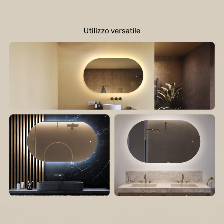 Specchio da bagno illuminato, 120x70 cm, bicolore, interruttore a sfioramento