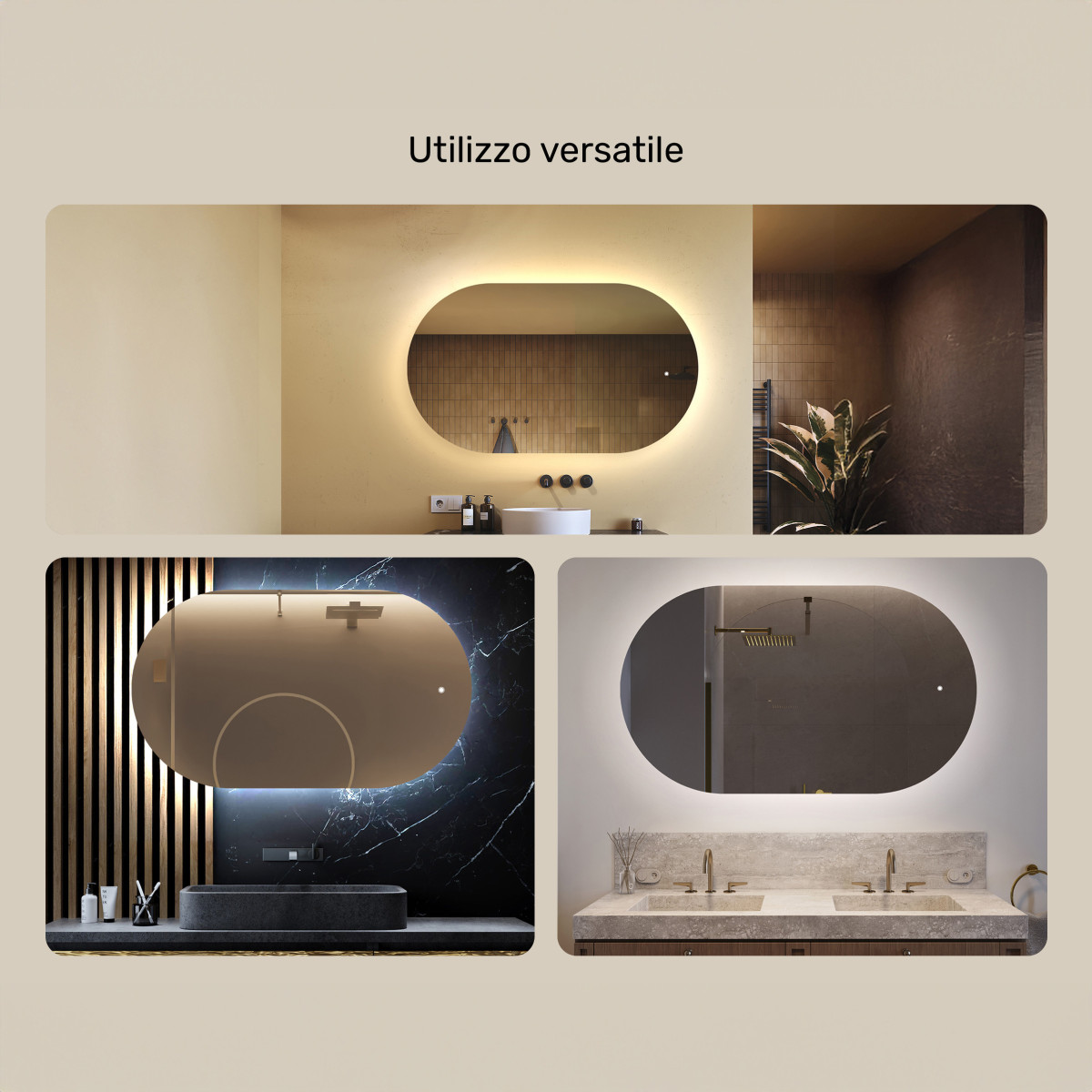 Specchio da bagno illuminato, 120x70 cm, bicolore, interruttore a sfioramento