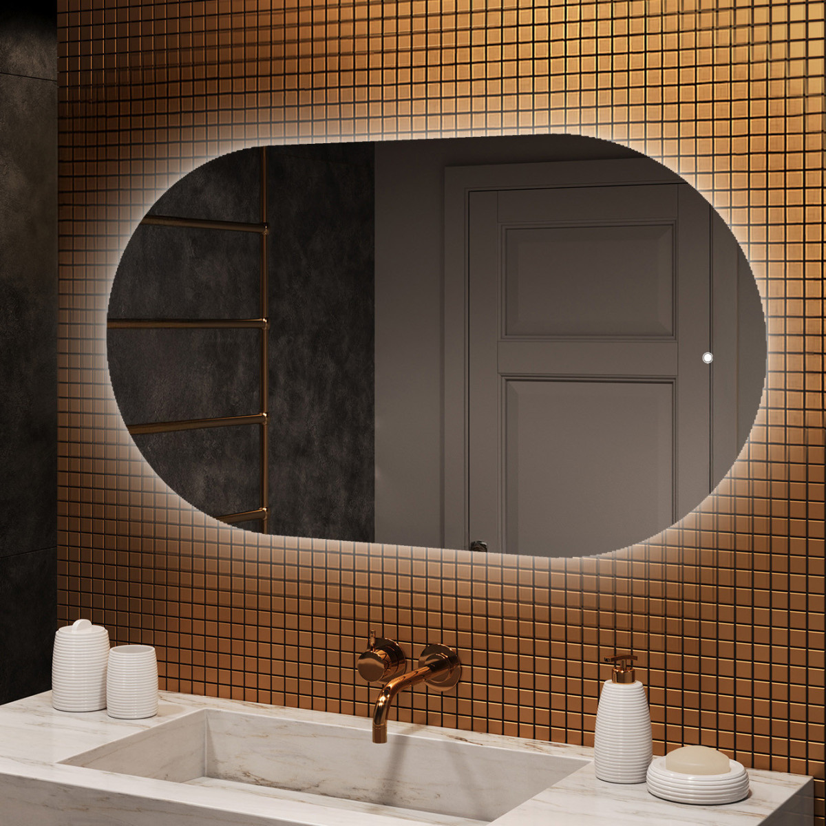 Specchio da bagno illuminato, 120x70 cm, bicolore, interruttore a sfioramento