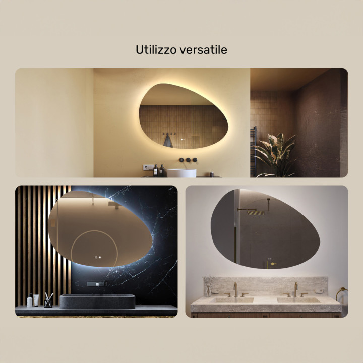 Specchio irregolare con illuminazione, 114x84 cm, bicolore, interruttore a sfioramento, tappetino riscaldante