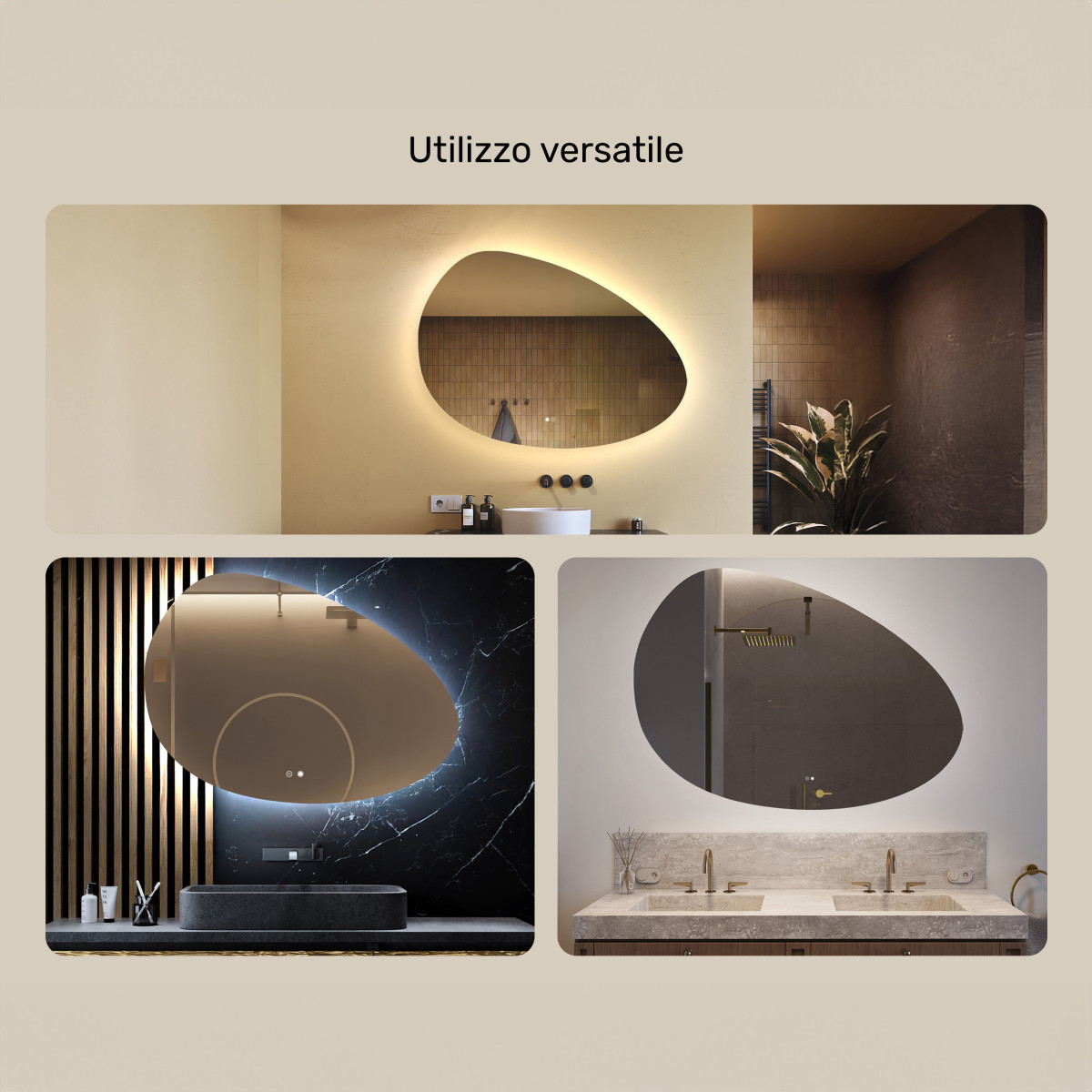 Specchio irregolare con illuminazione, 114x84 cm, bicolore, interruttore a sfioramento, tappetino riscaldante