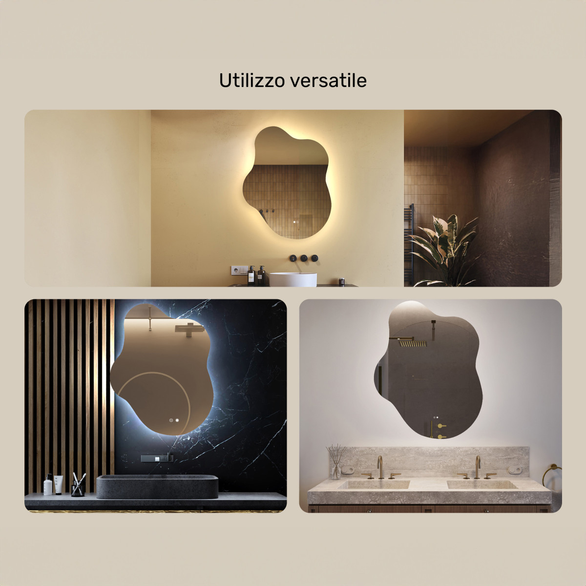 Specchio irregolare con illuminazione, 74x94 cm, bicolore, interruttore tattile, tappetino riscaldante