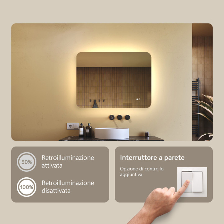 Specchio da bagno arrotondato con illuminazione a LED, 80x60 cm, bicolore, comando tattile, tappetino riscaldante