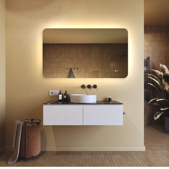 Specchio da bagno arrotondato con illuminazione a LED, 120x70cm, Bicolore, Interruttore tattile, Tappetino riscaldante