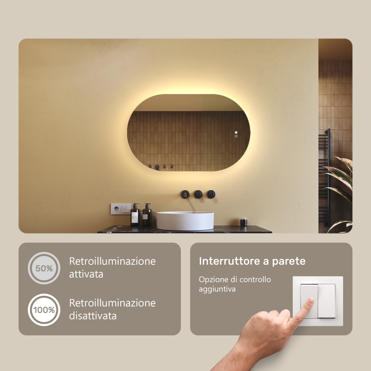 Specchio da bagno illuminato, 80x50cm, Bicolore, Interruttore tattile, Tappetino riscaldante
