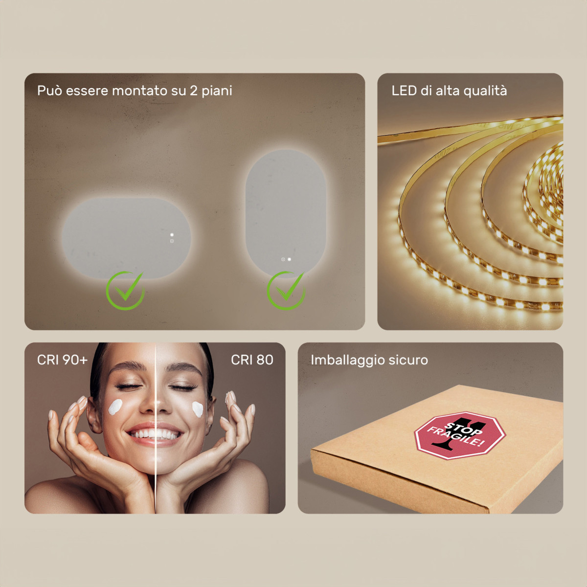 Specchio da bagno illuminato, 80x50cm, Bicolore, Interruttore tattile, Tappetino riscaldante