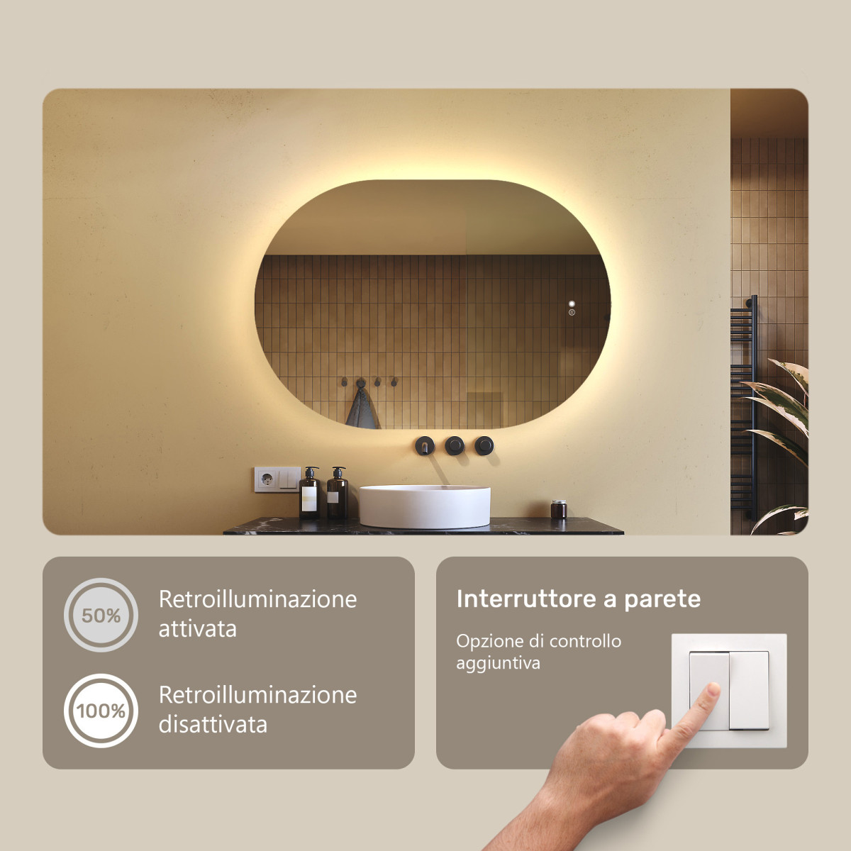 Specchio da bagno illuminato, 100x70 cm, bicolore, interruttore tattile, tappeto riscaldante