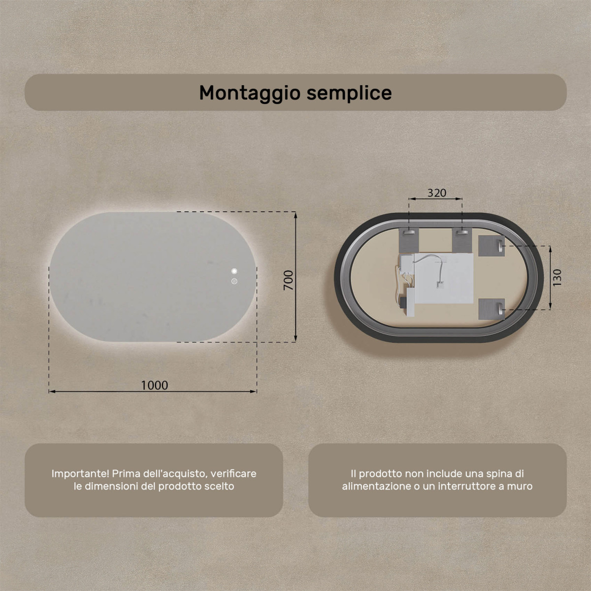 Specchio da bagno illuminato, 100x70 cm, bicolore, interruttore tattile, tappeto riscaldante