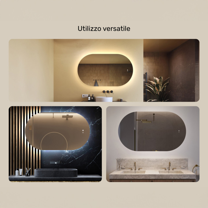 Specchio luminoso per il bagno, 120x70 cm, bicolore, interruttore tattile, tappeto riscaldante
