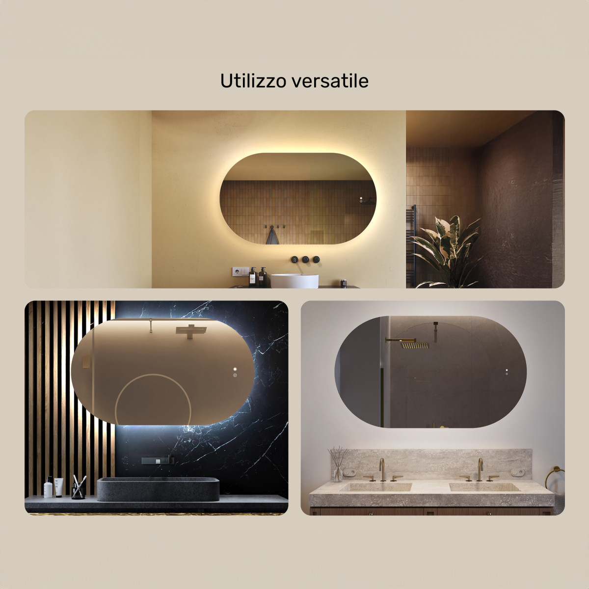 Specchio luminoso per il bagno, 120x70 cm, bicolore, interruttore tattile, tappeto riscaldante