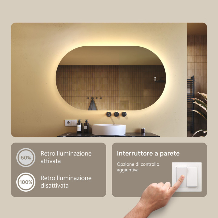 Specchio luminoso per il bagno, 120x70 cm, bicolore, interruttore tattile, tappeto riscaldante
