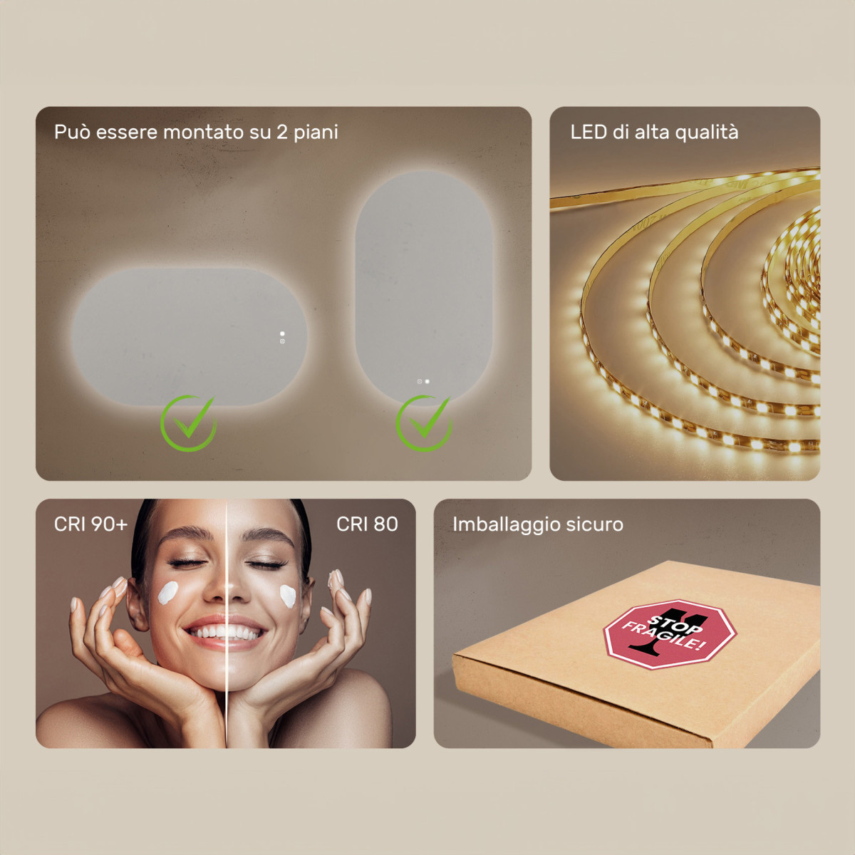 Specchio luminoso per il bagno, 120x70 cm, bicolore, interruttore tattile, tappeto riscaldante