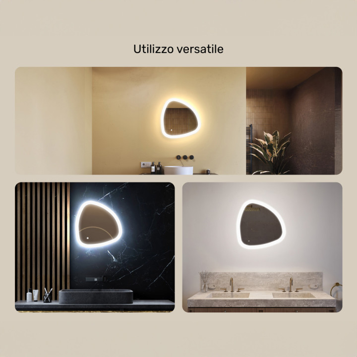 Specchio irregolare illuminato, 54x54 cm, bicolore, interruttore tattile, tappeto riscaldante