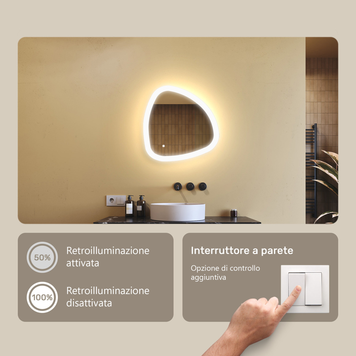 Specchio irregolare illuminato, 54x54 cm, bicolore, interruttore tattile, tappeto riscaldante