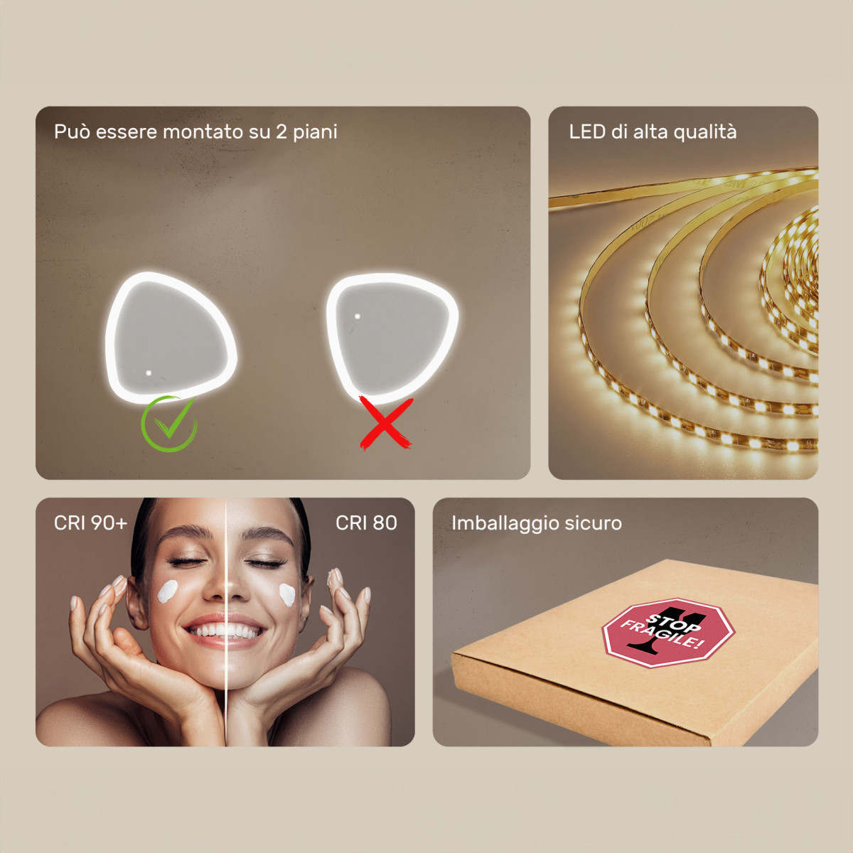 Specchio irregolare illuminato, 54x54 cm, bicolore, interruttore tattile, tappeto riscaldante