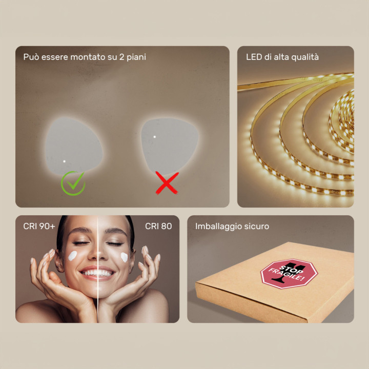 Specchio irregolare con illuminazione, 54x54 cm, bicolore, interruttore tattile