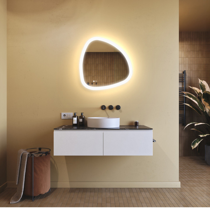 Specchio irregolare con illuminazione, 64x64 cm, bicolore, interruttore sensibile, tappeto riscaldante