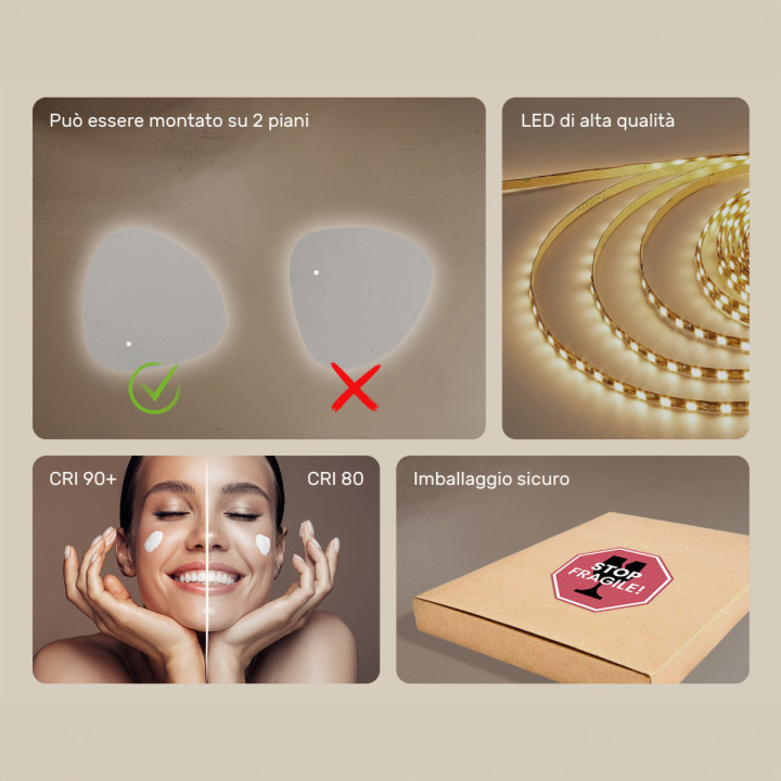 Specchio irregolare con illuminazione, 64x64 cm, bicolore, interruttore tattile