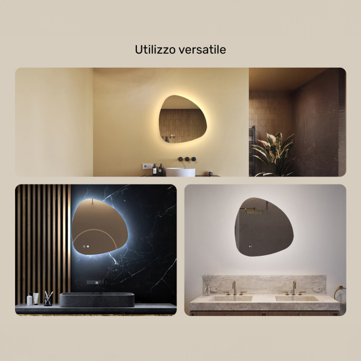 Specchio irregolare con illuminazione, 64x64 cm, bicolore, interruttore tattile, tappetino riscaldante