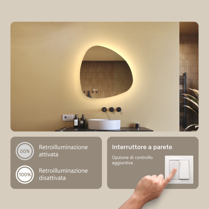 Specchio irregolare con illuminazione, 64x64 cm, bicolore, interruttore tattile, tappetino riscaldante