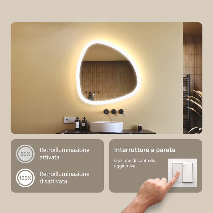 Specchio irregolare con illuminazione, 74x74 cm, bicolore, interruttore tattile
