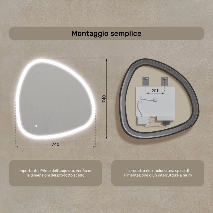 Specchio irregolare con illuminazione, 74x74 cm, bicolore, interruttore tattile