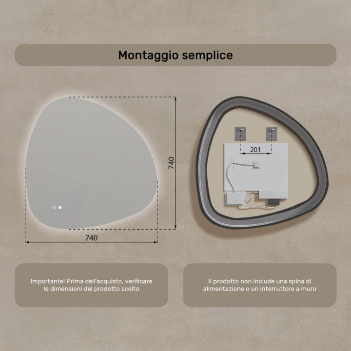 Specchio irregolare con illuminazione, 74x74 cm, bicolore, interruttore tattile, tappetino riscaldante